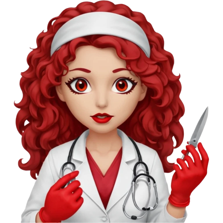 Lilith scalpel in hand, evil surgeon sexy surgeon clothes.  She has red eyes. She brown long curly hair. Wears sexy doctor outfit with red gloves. Hides mouth necknose with red bandana to hide her identity. Hair is long and brown emoji