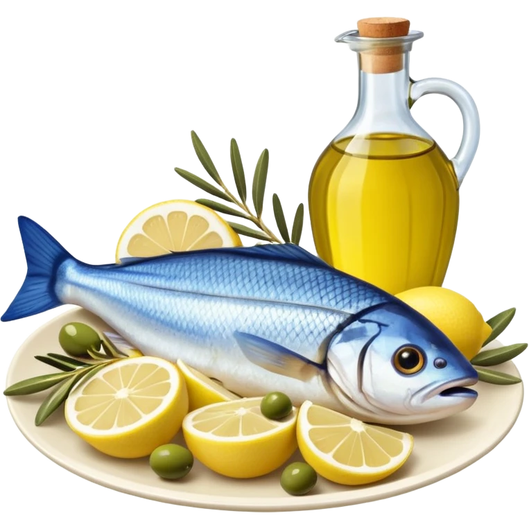 Mediterranean cuisine humanless avatar in clean emoji-style illustration. Olive oil, fish, lemon, blue and sunny colors, light and fresh mood, flat design, high contrast. emoji