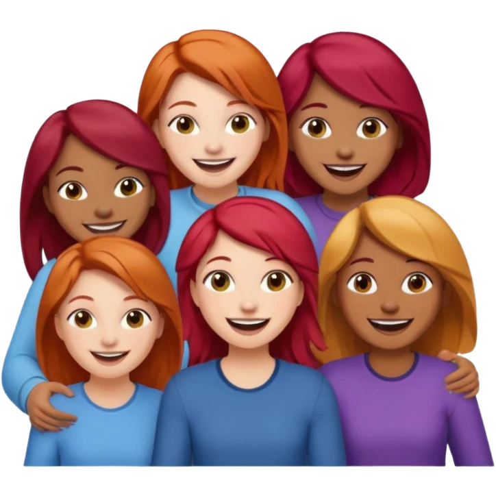 4 inclusive friends (3 girls and 1 man) laughing : 1 man must be brown, 1 girl have to have red hair, an other one must have blond hair and the last one is brown and have brown hair emoji
