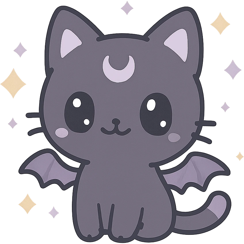 kawaii style magical gothic cat, happy face, black fur with purple accents, surrounded by magical sparkles, tiny bat wings, fun and mystical emoji