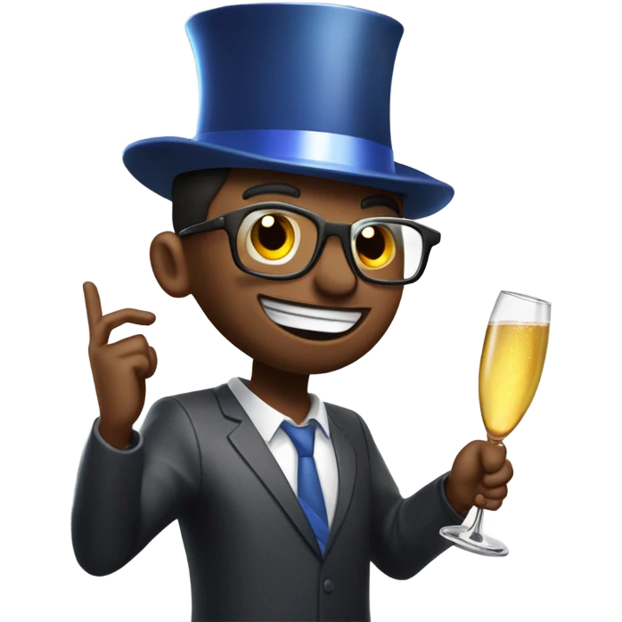 One guy celebrating new year 2025, with a party hat and a glass of champagne in his hands, the party hat says 2025 on it. And also put some fireworks in the background emoji