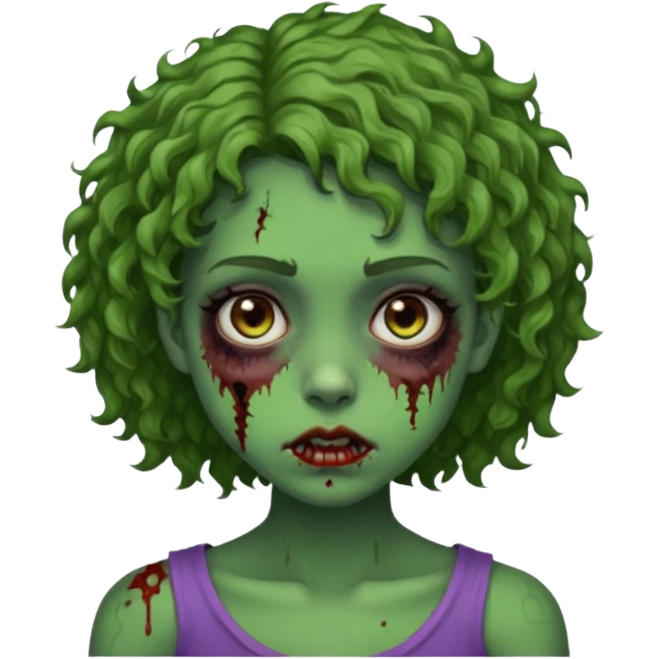 Garota, cabelos cacheados curtos na medida dos ombros, pele verde, olhos castanhos escuros, machucados pelo corpo, remetendo a um zumbi emoji