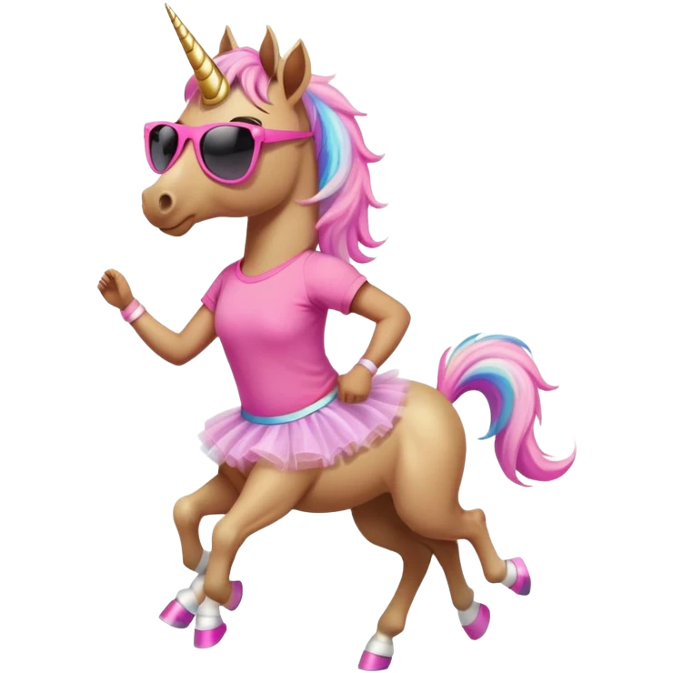 friendly anthropomorphised female unicorn with horse-like face, in tutu and pink t-shirt, wearing dark sunglasses, jogging upright in standard pose emoji