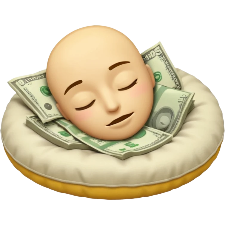 a round yellow IOS style emoji of a face sleeping on a pillow of money emoji