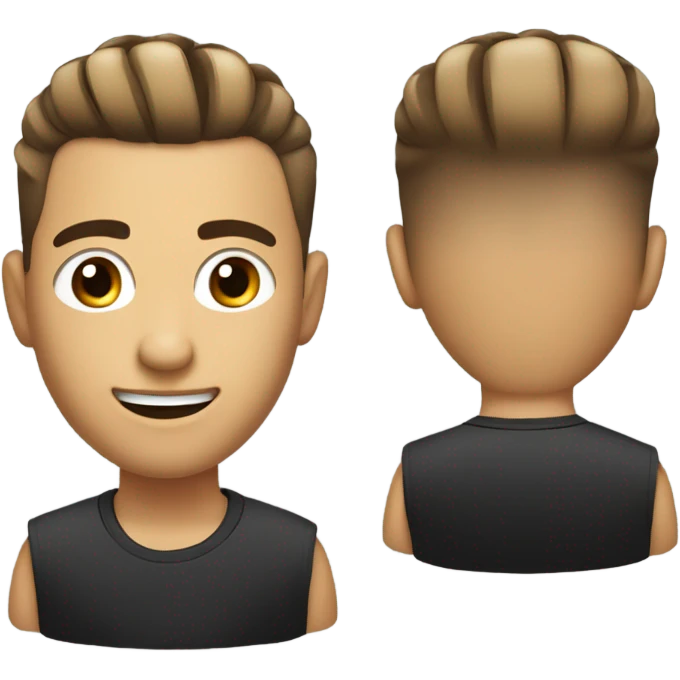 Hair: Modern style with shaved sides and a more voluminous top, combed to one side.  
Shiny black color with highlights.  

Face: Large, expressive eyes in a rounded shape, with brown tones and white reflections that convey brightness and liveliness. emoji