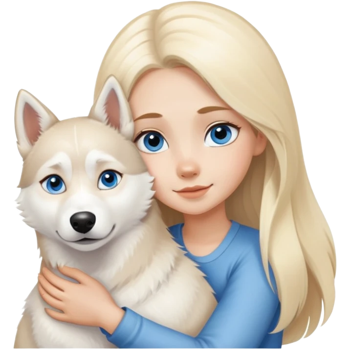 blonde girl with long blonde hair and blue eyes hugging a white husky with brown eyes emoji