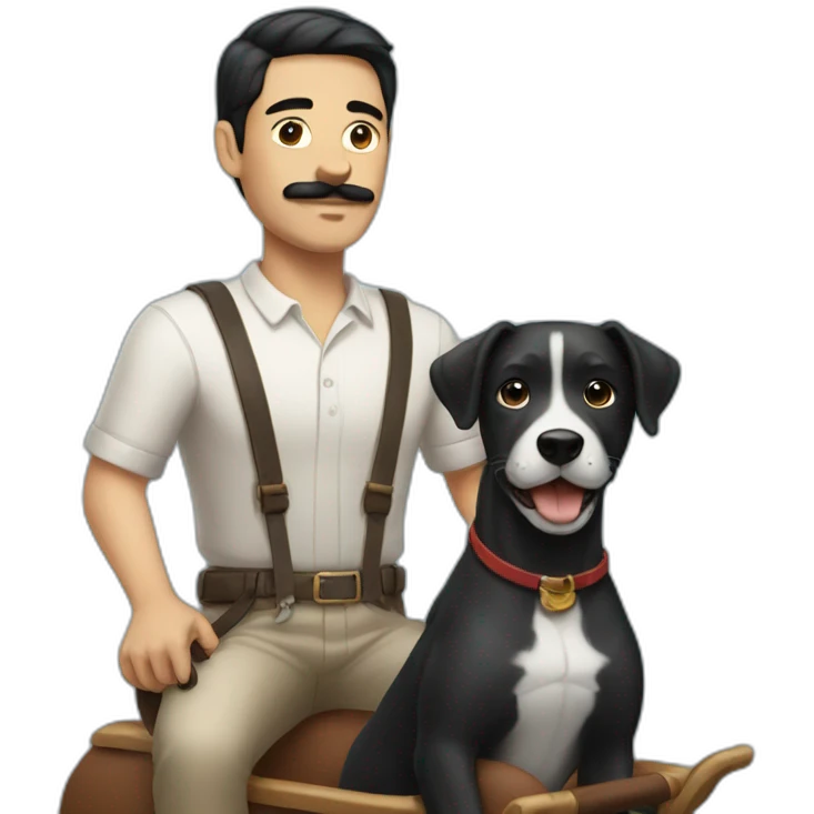 Men with short black hair and narrow moustache riding a dog emoji
