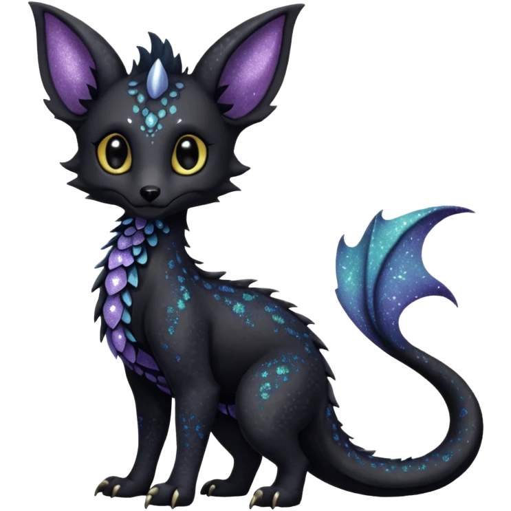 Feral Rare Fantasy Dark Glittery gothic spooky  sparkly shiny Draco-Vernid-Trico-species by LiLaiRa, random markings, tufted tail, tufted ears, full body emoji