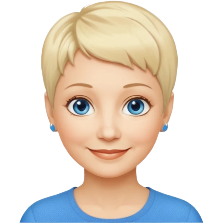 Mujer  60 años pelo rubio y pixie ojos azules cara redonda emoji
