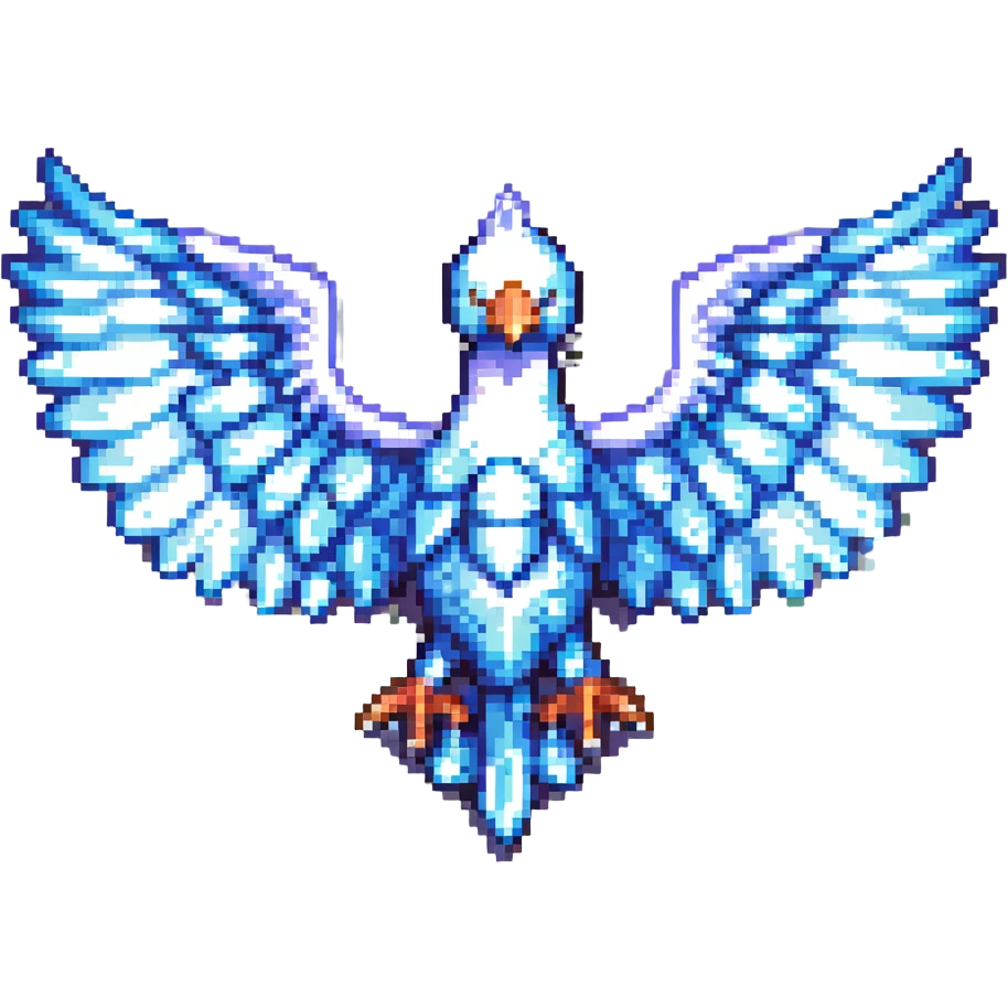 pixel art style ice phoenix, wings spread, frosty aura, cool tones, detailed sprite emoji