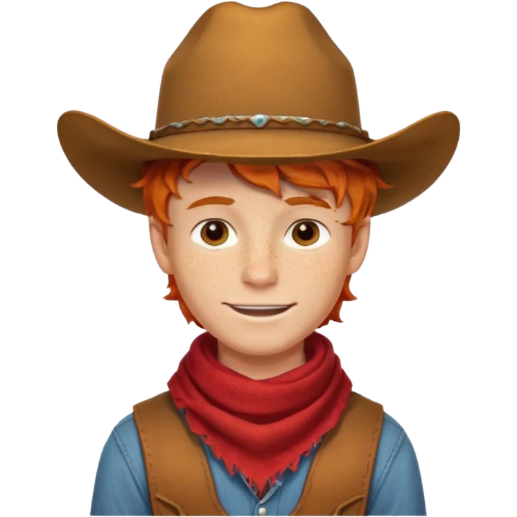 a wavy orange hair boy wearing a cowboy hat with a mischievous grin and freckles with western red scarf on his neck emoji