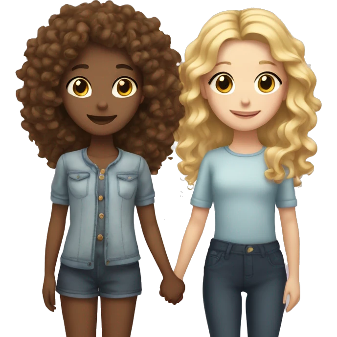 Girl with curly brown hair and lashes and a blonde girl with long hair holding hands  emoji