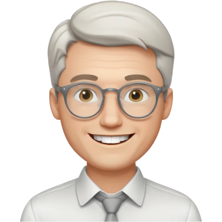 30 yr old pale white man, white/grey side swept stylish hair, round glasses, big smile, white teeth, handsome, longer hair, thin glasses, white dress shirt emoji