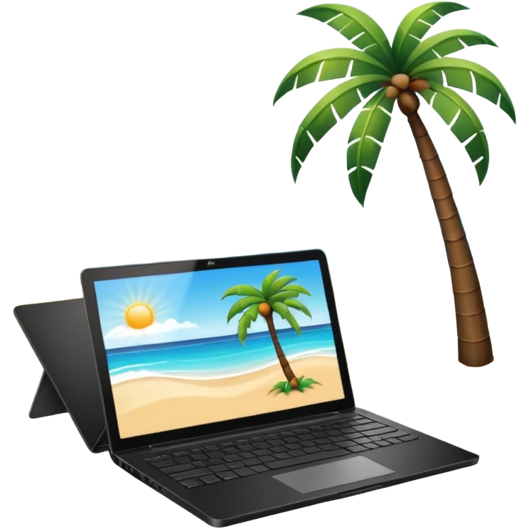 An open laptop in the foreground on the beach. Background shows sea, sun, and a palm tree. No people, no text emoji