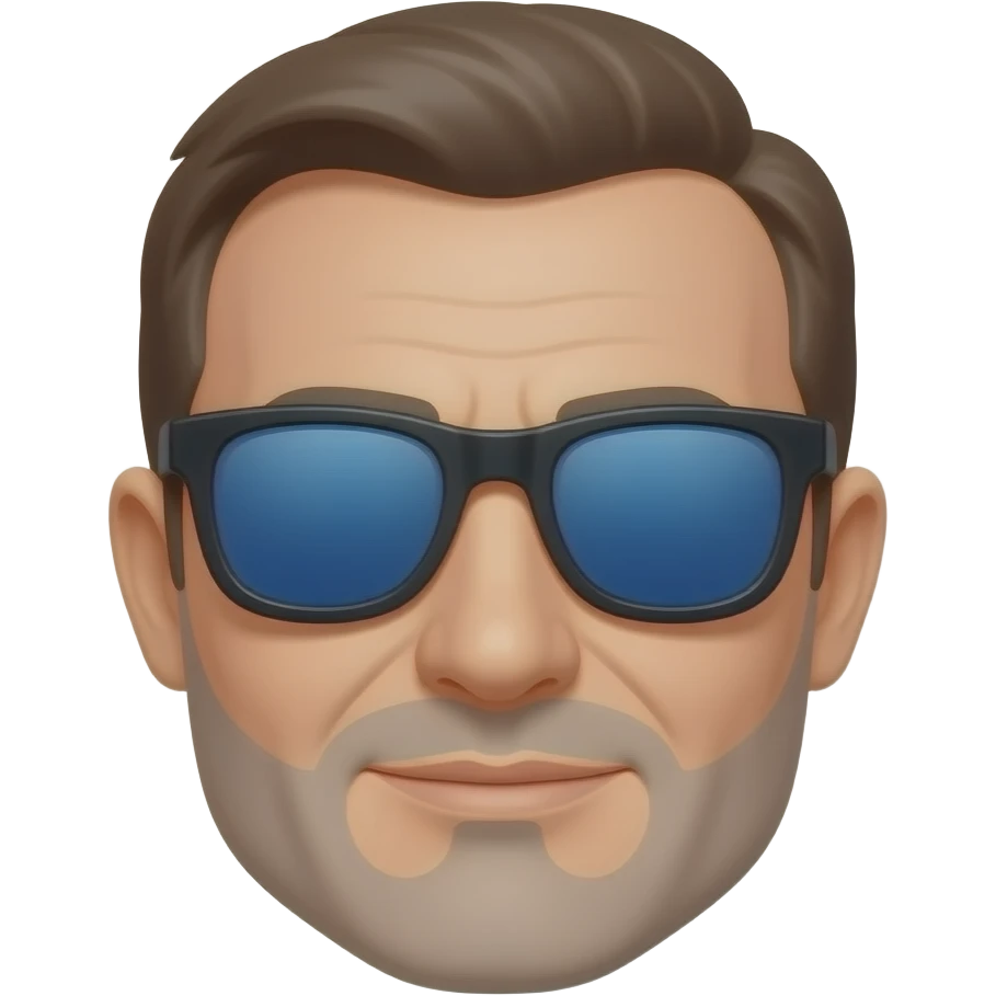 Hombre 63 años cara delgada pelo muy corto marrón canoso gafas de sol cristales azules azules que no se vean  los ojos con montura negra y barba canosa muy muy corta emoji