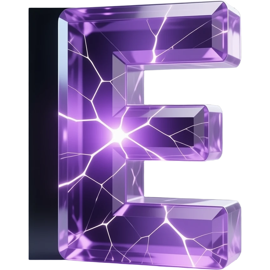 A hyper-realistic 3D letter 'E' carved from translucent purple amethyst, filled with glowing internal fractures. Volumetric lighting, cinematic glow, dark background, 8k resolution, emoji