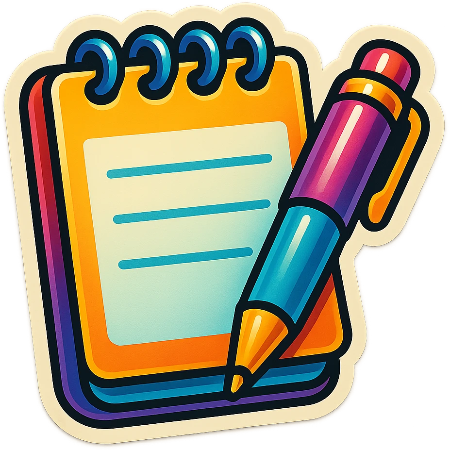 a cute and vibrant sticker of a notepad and pen emoji