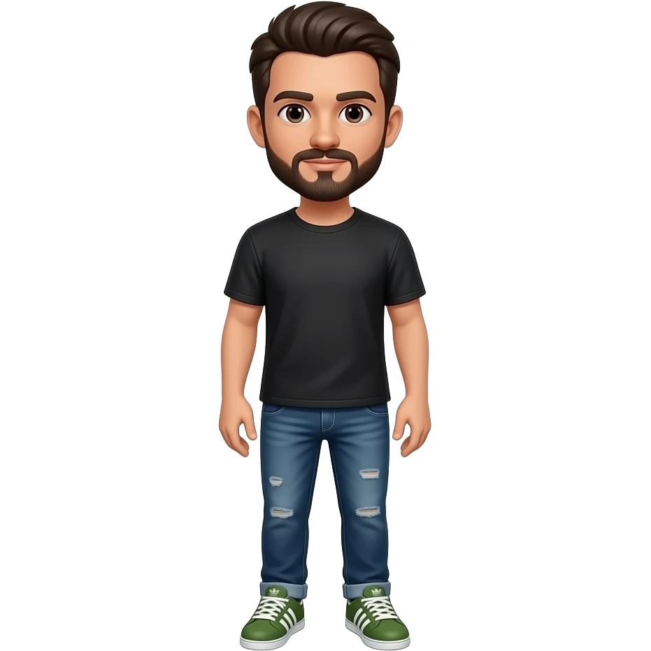 standing male, medium skin tone, dark brown hair, short beard and mustache, standing, wearing jeans, a faded black / gunmetal gray t-shirt and jeans and olive green adidas shoes with white stripes emoji
