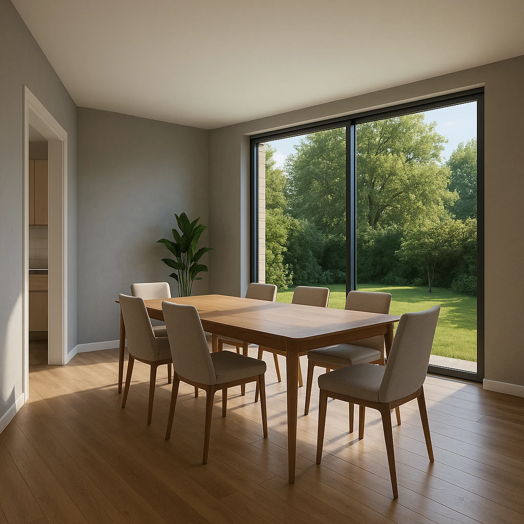 Add a modern full-height glass door leading to the garden in the dining room exactly where the steps are, with a width of 2.55 meters, integrated into the hyperrealistic 3D floor plan. Show the glass door in 10 different perspective views as architectural renders. emoji