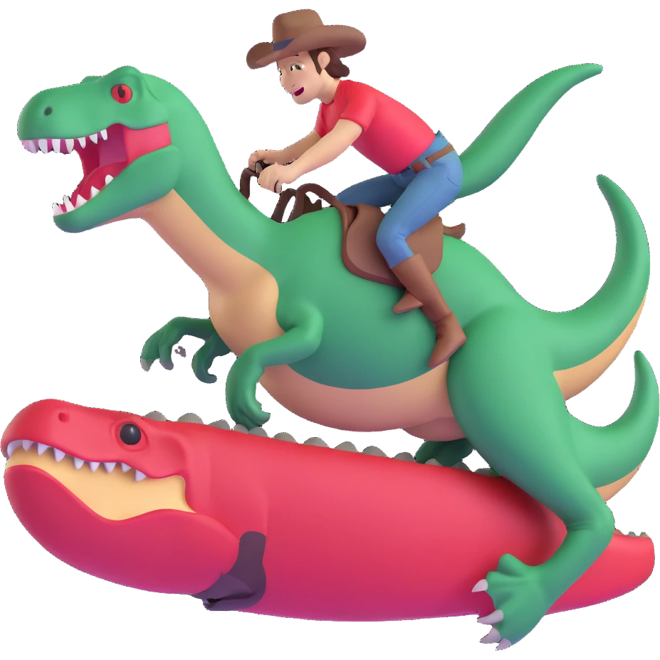 fun and playful cowboy sliding on a green t-rex emoji