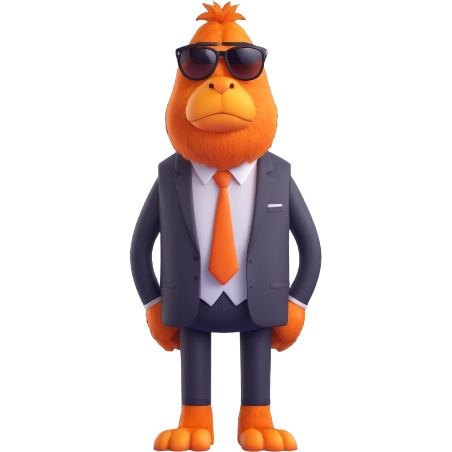 large furry cartoon creature with big orange nose, wearing sunglasses and black tie, standing upright, looking slightly to the left, grumpy expression, centered full body, plain blue background, 3D rendering style, smooth textures, bright lighting, humorous and playful mood emoji