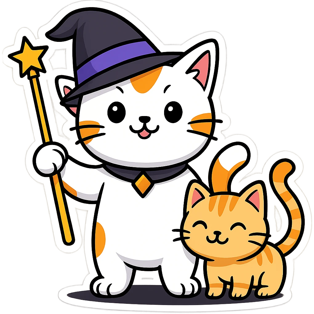 A cat wizard with a pointy hat and a magic wand with a cat companion, sticker style. emoji