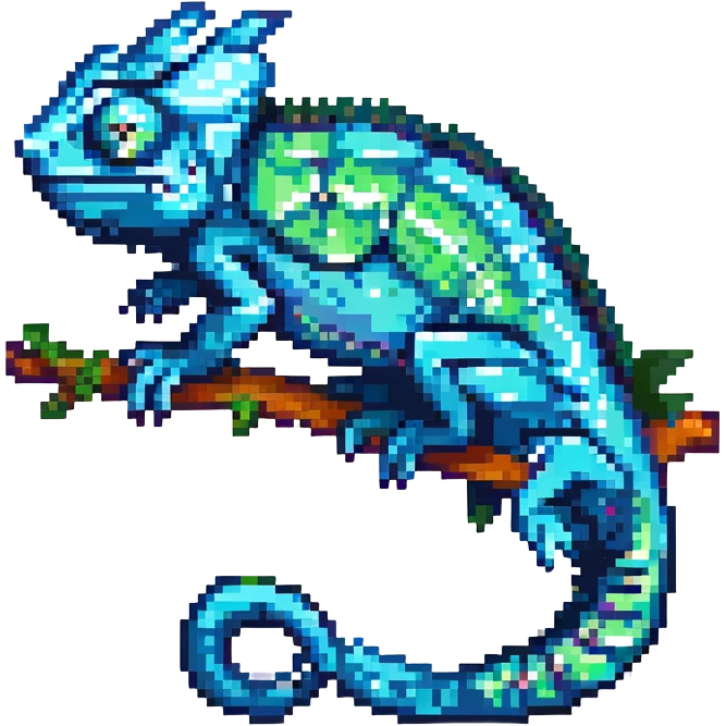 pixel art chameleon, side view, green and blue shades emoji