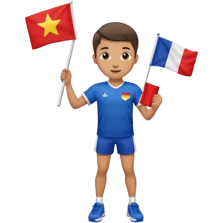 A boy in a jersey, excitedly lifting a small handheld flag and shorts with simple sport shoes emoji
