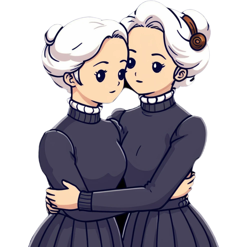 Two Victorian women with light eyes, one with bright white coiffed hair and one with dark copper coiffed hair, wearing Victorian turtleneck dresses, embracing each other in a sad, intimate hug emoji