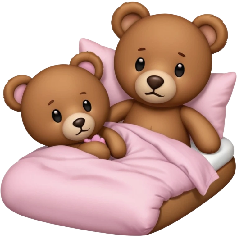 Brown teddy bear laying with a light pink teddy bear in bed emoji