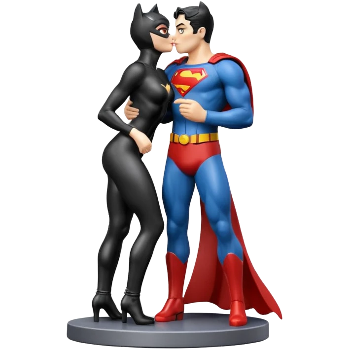 Isolated, ultra detailed illustration of the most incredibly realistic and sensual appearance, DC Hero Catwoman and superman kissing, 
figurine imaginable, in toy packaging, toy style. emoji
