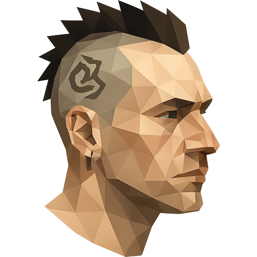 polygonal low-poly style head of a white man with mohawk, earring, and head tattoo emoji