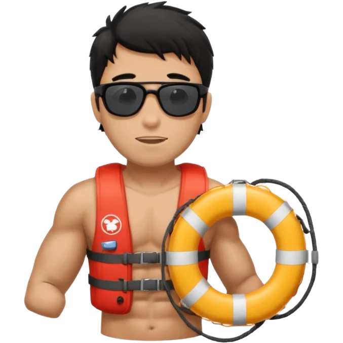Dark Tan Muscular lifeguard with messy black hair with sunglasses, with life preserver emoji