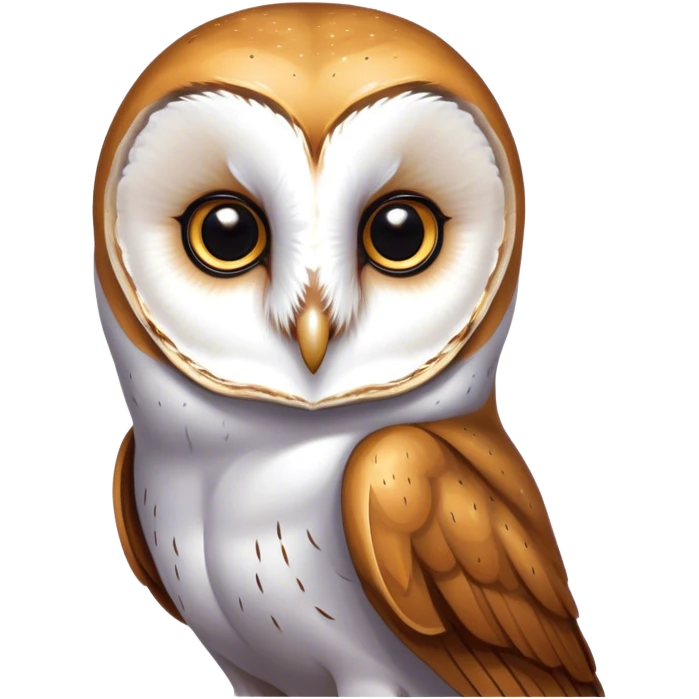 Cinematic Noble Barn Owl Portrait Emoji, Poised and regal, with a slender, graceful build and a striking mottled plumage of whites and browns, deep-set soulful amber eyes, Simplified yet sharp and sophisticated features, highly detailed, glowing with a soft, dignified glow, high shine, intelligent and mysterious, stylized with an air of nocturnal wisdom, focused and attentive, soft glowing outline, capturing the essence of a watchful and confident fowl, so majestic it feels as though it could silently glide out of the screen with effortless authority! emoji