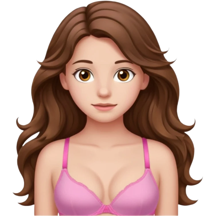 teenager, long brown hair wavy, hazel eyes, pink, beautiful, stunning, little clothing, bra, calm emoji