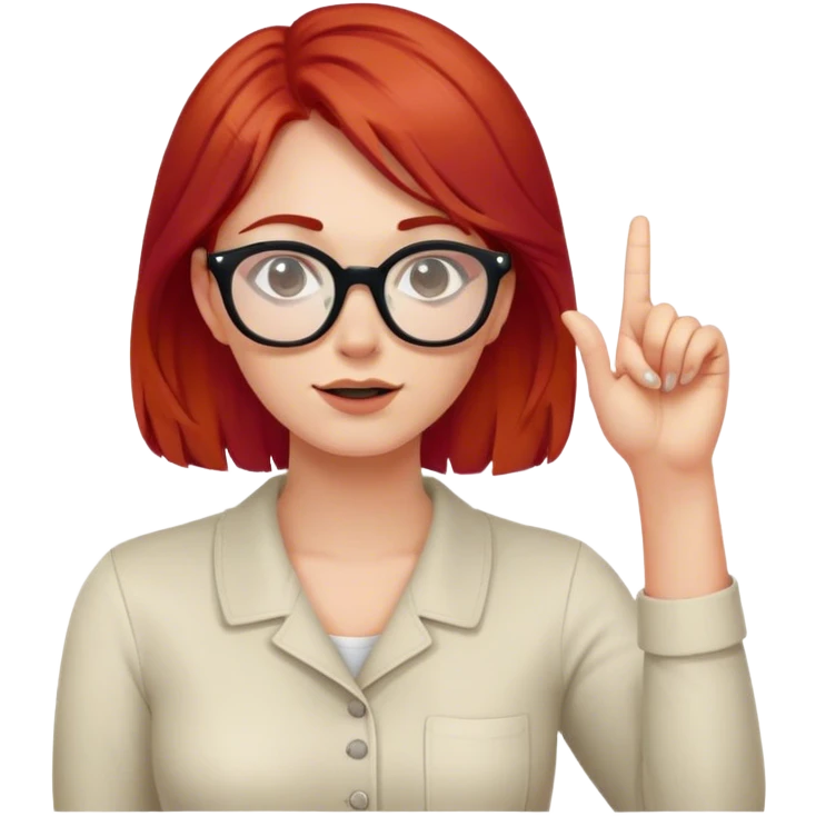 intelligent, 30 year old, girl, red hair, glasses, has an idea and hold der finger in the air emoji