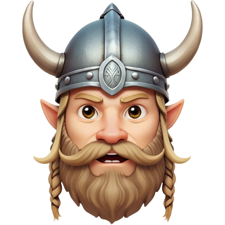 Clash of Clans aesthetic: Cinematic Comical Viking Portrait Emoji, Head tilted dramatically with an exaggerated, fun expression and wide, comically expressive eyes, featuring a rugged yet cartoonish build with a quirky Viking helmet with oversized horns and a playful beard, his face rendered in natural skin tone, Simplified yet hilariously expressive features, highly detailed, glowing with a slightly sassy, vibrant radiance, high shine, dramatic yet playful, stylized with an air of cheeky Nordic mischief, soft glowing outline, capturing the essence of a meme-worthy Viking bringing humor to epic adventures! emoji