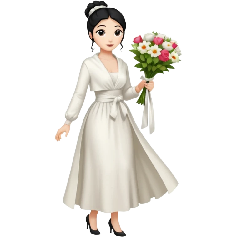 Chica blanca,cuerpo entero, vestido fiesta blanco ,manga larga ,con estola, pelo negro,    ramo de flores una mano, pelo recogido en moño alto emoji