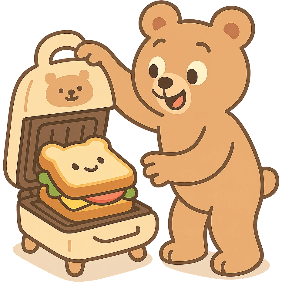 soft fluffy bear sandwich maker opening with a cute sandwich inside, soft pastel creamy brown, full-body emoji