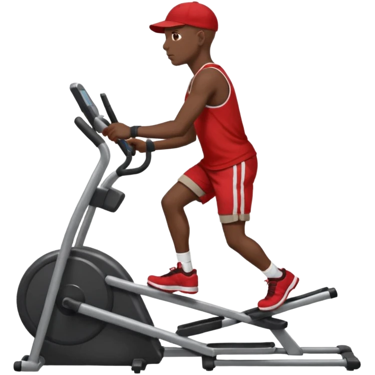 dark skin bald African American man on elliptical machine with red tank shirt and black shorts and backwards facing baseball hatcap emoji