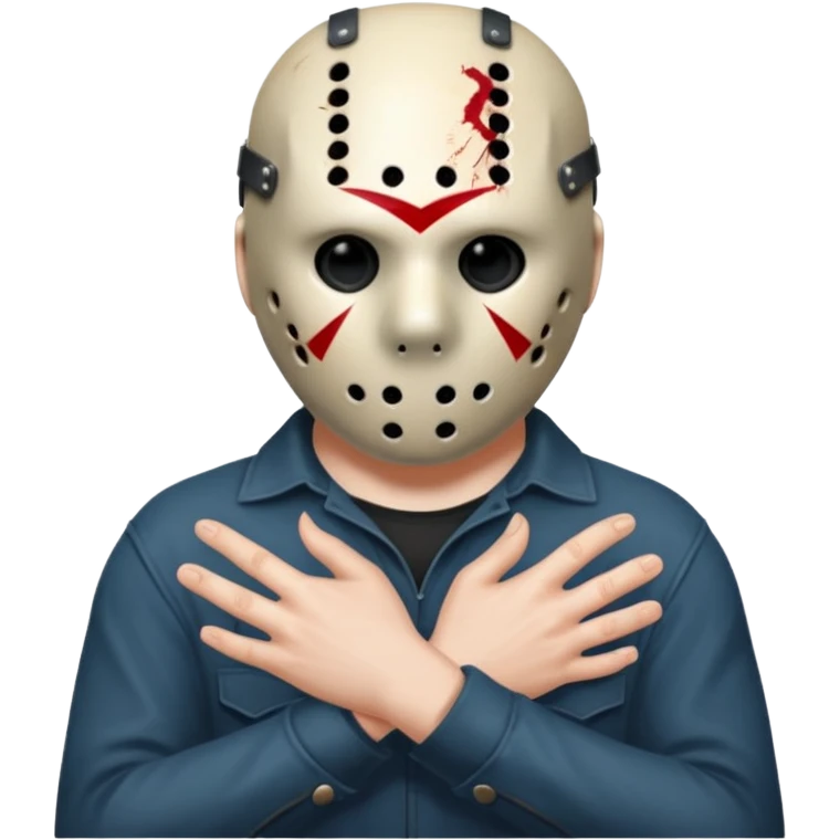 Jason Voorhees, looking cute, with his hands clasped in front of him, at a sideways angle, looks like he is in love emoji