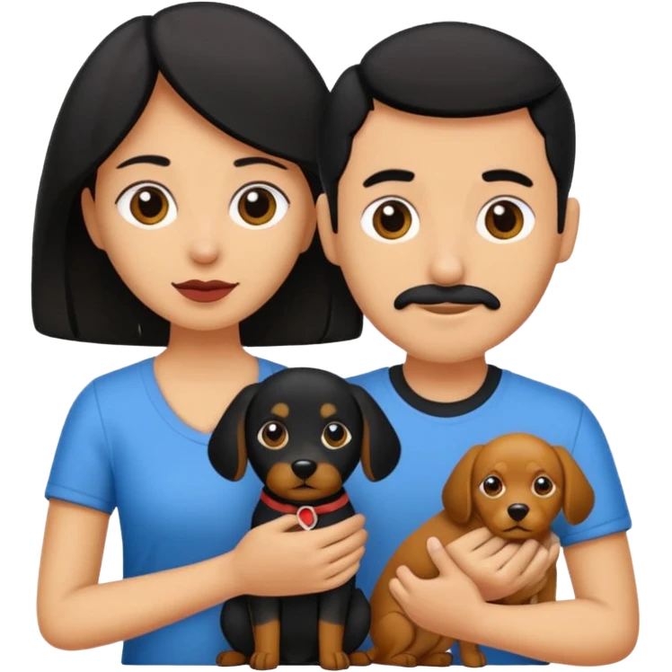 Pareja hombre y mujer, pelo negro ambos, y con dos perritos pincher en sus brazos emoji