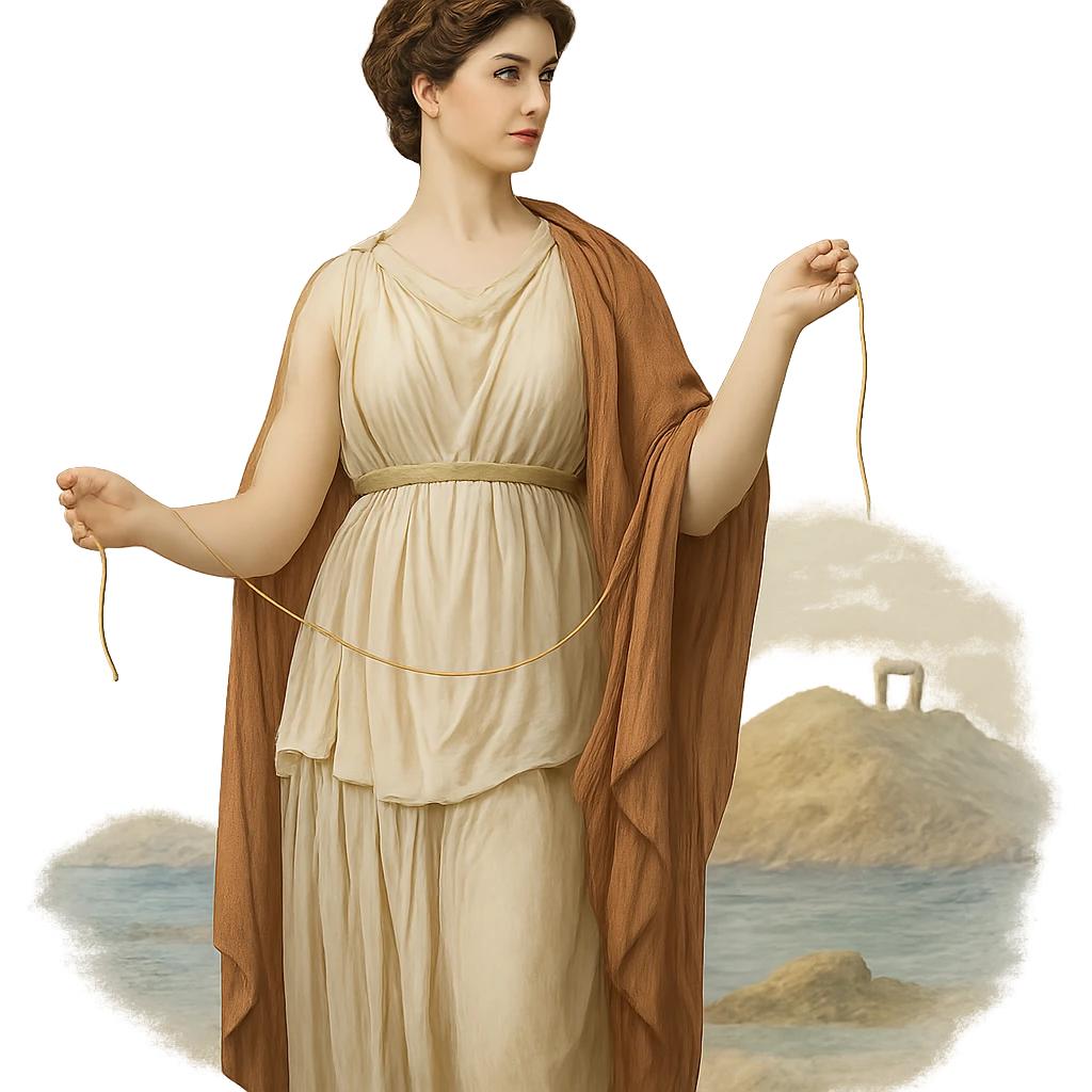 Ariadne, in classical Greek dress, holding a golden thread, with a hint of the sea and Naxos island in the background emoji