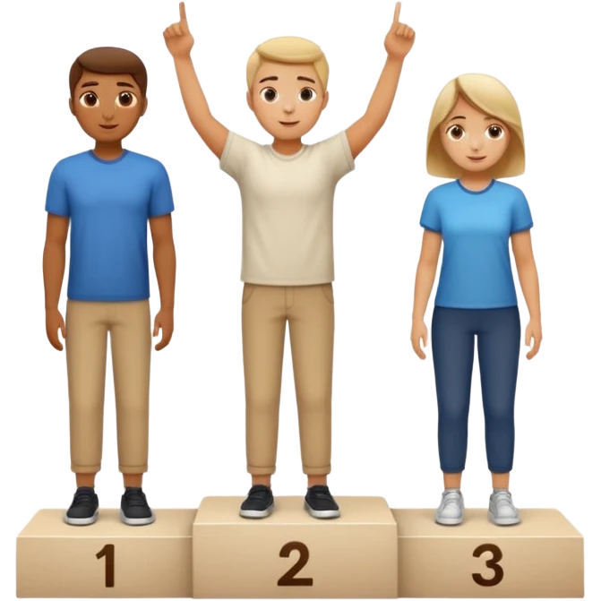 show people on podium in first, second and third place. The podium should be labeled 2, 1, 3. The middle position should only have the number 1.  the people should be dressed causally in regular relaxed clothes

 emoji