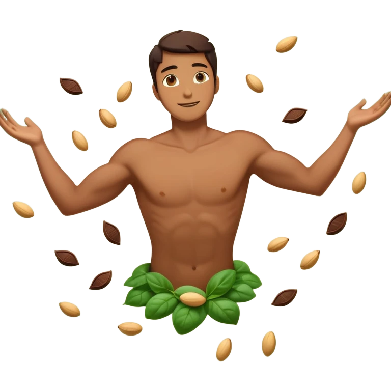Man floating relaxed in the air with arms spread out, appearing weightless and serene, surrounded by floating pieces of dark chocolate, golden almonds, and green spinach leaves circling around him. The foods emit a subtle glow as they orbit the peaceful floating man. emoji