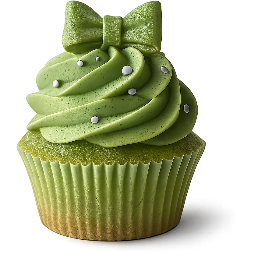 Change the icing to matcha (green tea) flavor, keep the realistic cupcake and accessories, photorealistic style, transparent background. emoji