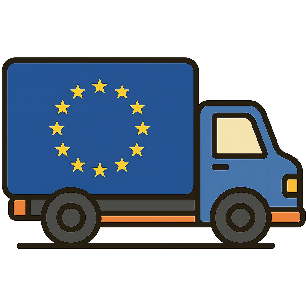 flat toon style cargo truck with EU flag, simple shapes emoji