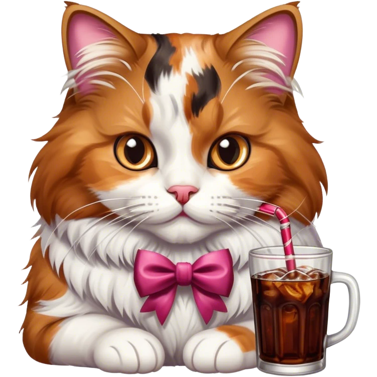 A big fluffy cat drinking Dr Pepper with a bow emoji