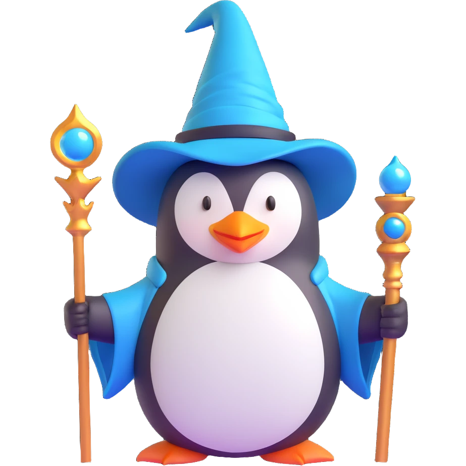 penguin wizard wearing a pointed hat and holding a magic staff in 3D style emoji