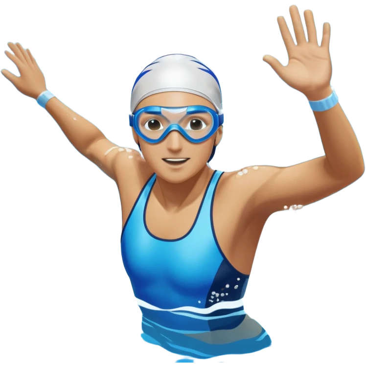 An icon showing a swimmer in mid-stroke, cutting through blue water with splashes around. The swimmer wears goggles and a swim cap, moving with power and grace. Transparent background emphasizes the athleticism, rhythm, and energy of swimming as a competitive and personal sport. emoji